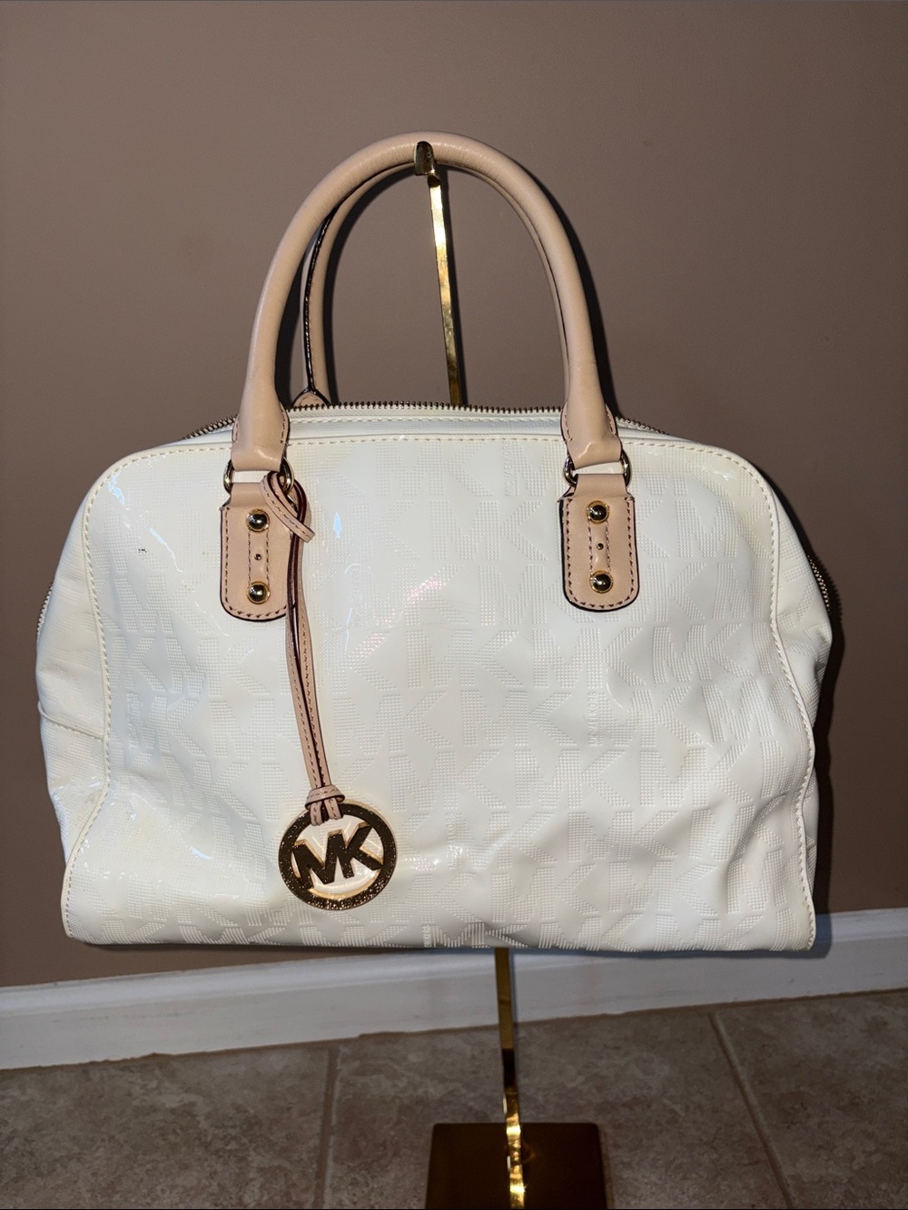 Michael Kors White Patent Satchel with Beige Trim and Gold Hardware